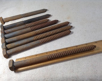 8 Rusty Vintage Lag Bolt Screws, Large Industrial Lag Screws - Lot of 8 Lag Bolts, Assorted Sizes