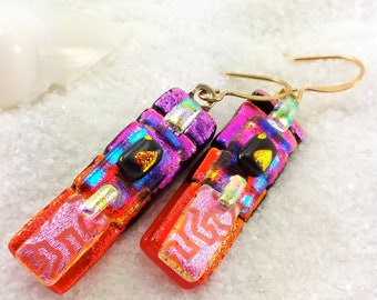 Dichroic fused glass earrings, Fused glass earrings, Hana Sakura, Dichroic red earrings, Trending style, Statement earrings, dichroic glass