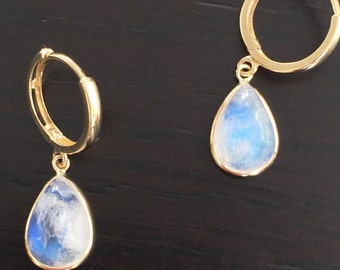 14k solid yellow gold and natural untreated moonstone cabochon earrings , rainbow moonstone, cabochon earrings, dangling earrings