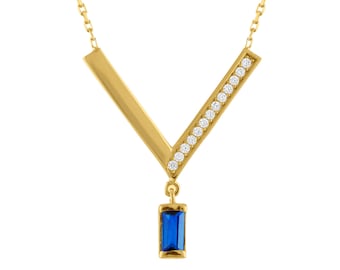 10K Gold Simulated Sapphire Necklace With 18 Inch Chain