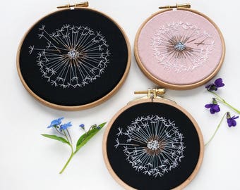Make a Wish Dandelion Embroidery Hoop Art - Bridesmaid, Housewarming Gift - Botanical Home Wall Art Decor - Mid century modern Wall Decor