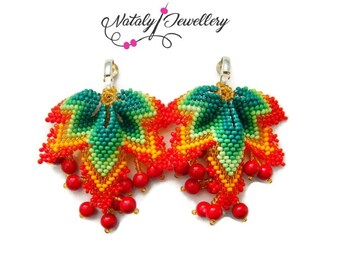 Red green clips Autumn earrings Beaded earrings Leaf earrings Seed bead earrings Modern earrings Gift for her Coral Beaded jewelry