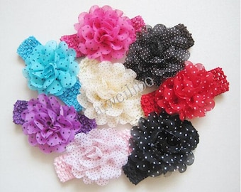 Baby Headband, Baby Girl Headband, Dot Chiffon Flower Elastic Headband