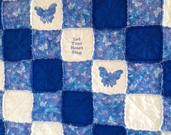 Butterfly Rag Quilt, Homemade Quilt, Blue and White Quilt, Embroidery Blanket, Rag Quilt For Sale, Appliqué Quilt, Butterfly Quilt, Throw