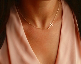 Sideways CROSS Necklace GOLD | Sideways Cross | Gold Sideways Necklace | Side Cross Necklace Gift | Gold Side Cross - Layered Luxe Jewelry