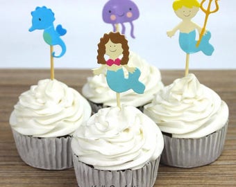 24pcs Underwater World Mermaid Sea Horse Jellyfish Cupcake Toppers/cartoon topper/dessert topper/kid party/cupcake decoration/wedding topper