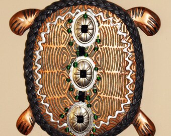 Solid Copper Turtle Totem Sculpture with Leather-Braid Shell