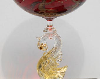 Extremely Rare ANTIQUE MURANO SALVIATI Venetian Hand Painted Ruby Swan Goblets 7" with 24kt gold