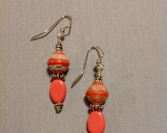 Coral Earrings with African Fair Trade Recycled Paper Beads
