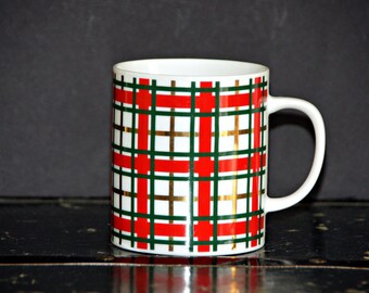 Eddie Bauer Plaid Mug, Coffee, Tea, Vintage, Red, Green, Gold, Made in Japan, Designer, Holiday, Festive, Breakfast, Tableware, Kitchenware