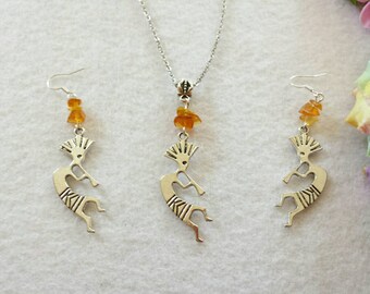Tribal, Kokopelli Jewelry. Aborigene Set of Necklace and earrings.