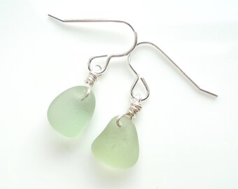 Seaham Sea Glass hook earrings of Soft Sage Green drops suspended from Sterling Silver hooks - E1766 - from Seaham, UK