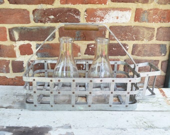 Aluminum Farmhouse/Industrial Dairy Milk Bottle Carrier with Two, Qt. Size Milk Bottles
