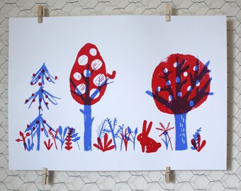 Bird, Bunny and Trees screenprint in blue and red