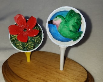 Hand Carved Golf Balls. Humming Bird and Flower.
