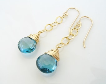 London Blue Topaz Chain Earrings, Blue Gemstone Earrings, December Birthstone, Gold London Blue, Blue Topaz Jewelry, Gold Filled Gemstone