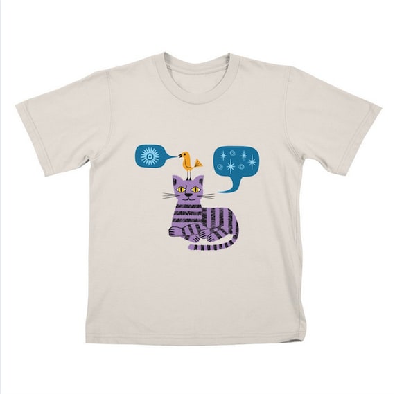 The Conversation - Children's T-shirt - Tee - Cat and Bird - Stone - White by Oliver Lake - iOTA iLLUSTRATION