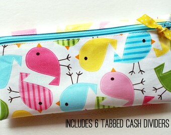 Divide-It cash budget envelope system wallet with 6 tabbed dividers | aqua, yellow, green, pink birds designer laminated cotton