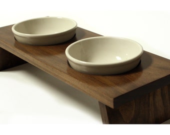 Designer dog or cat food and water pet dish pet bowl ceramic walnut double diner feeder designer gourmet