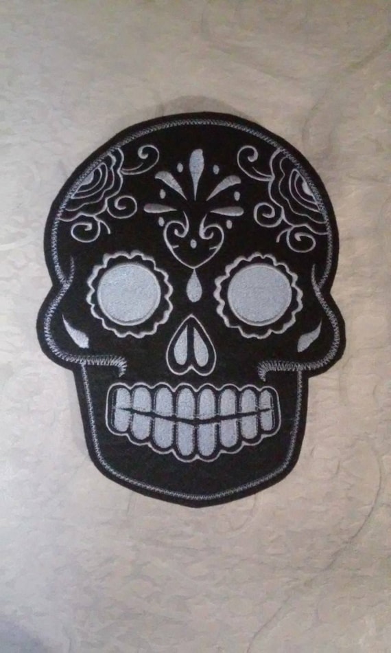Sugar Skull, Day of the Dead, embroidery patch black with grey stitching 8x10