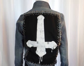 vintage 80s LORDS OF GASTOWN Motorcycle Church safety pin denim jacket/ reversed dripping cross/ distressed denim: mens medium/ womans large