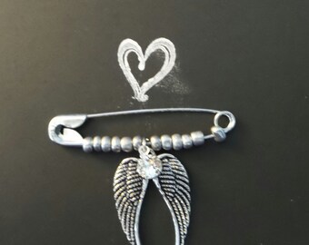 Solidarity Safety Pin Jewelry//Safety Pin Brooch//"Guardian Angel" Safety pin//Swarovski Crystal//Angel Wings//Safety Pin Movement