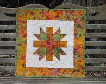 Quilts for Sale - Table Topper- Rust,Gold and Green Batik Quilted Topper