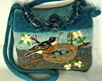 Felted Purse, Felted Handbag, Robin Art, Bird Art, Needle Felt Bird