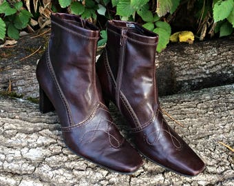 Dark Brown Ankle Boots / Mahogany Leather Ankle Boots / Brown Faux Leather Ankle Boots / Faux Leather Ankle Boots / Brown Ankle Boots - 8.5M