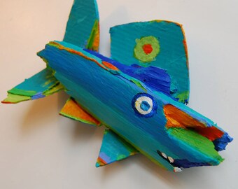 Whimsical Ready to Hang Fish Art - Kitchen, Bathroom, Kids Bedroom, Lake House Wall Decor - Colorful Handmade Painted Recycled Wood Creation