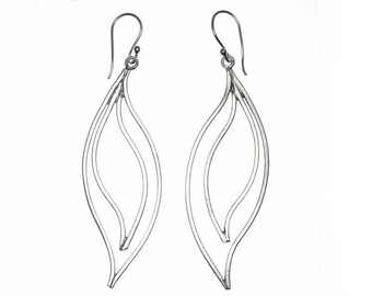 Sterling Silver Long Leaf Dangle Earrings, Handmade Simple Rustic Vintage style Boho Hippie Large Statement Earrings, gift for Her