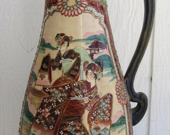 Antique Japanese Moriage Satsuma Vase Hand Painted Slipware Earthenware Ewer