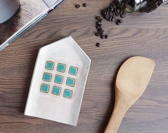 spoon rest ceramic, house spoon holder, pottery spoon rest, white spoon rest, cup coaster