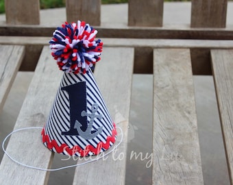 First Birthday Hat Nautical Anchor Navy Blue Red 1st Birthday Outfit Toddler Baby Boy or Girl