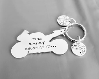This Daddy belongs to unique motobike hand stamped personalised keyring great birthday gift christmas present or stocking filler