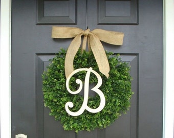 SUMMER WREATH SALE Faux Boxwood Wreath, Monogram Spring Wreath, Outdoor Door Hanging, Fall Wreaths, Spring Decor, Boxwood with Burlap Bow