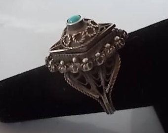 Antique~Vintage~Sterling Silver~Poison Ring~Victorian~Pill Box~Locket~Snuff~Ring~925~Turquoise~Ring With Secret Compartment~size~6 1/2~Nice