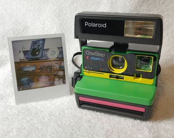 Upcycled Green, Yellow and Pink Polaroid 600 OneStep with CloseUp - Cleaned and Tested