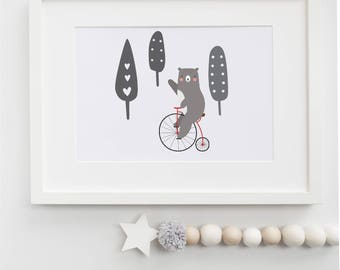 bear riding bicycle children's print/nursery print / baby shower gift/ kid's room/5x7 or 8x10