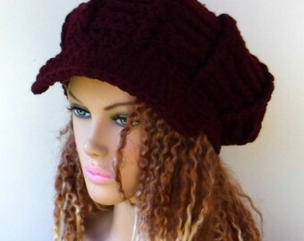Newsboy hat, dark burgundy Visor cap/Slouchy Beanie hat/womens Newsboy cap, winter beanie with bill, woman beanie hat, winter hat with visor