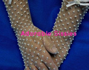 White Stretch Netting Gloves with Pearls all over see through and a pretty bow Gloves for Sissy Crossdressers, ABDL, Sissy French Maids