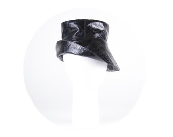 Black leather hat, black rain hat, black fashion hat, leather hat