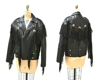 Vintage Black Leather Motorcycle Jacket with Fringe// Vintage Black Leather Jacket Biker Western Rocker Jacket Fringe Mens Large 46 LA Roxx