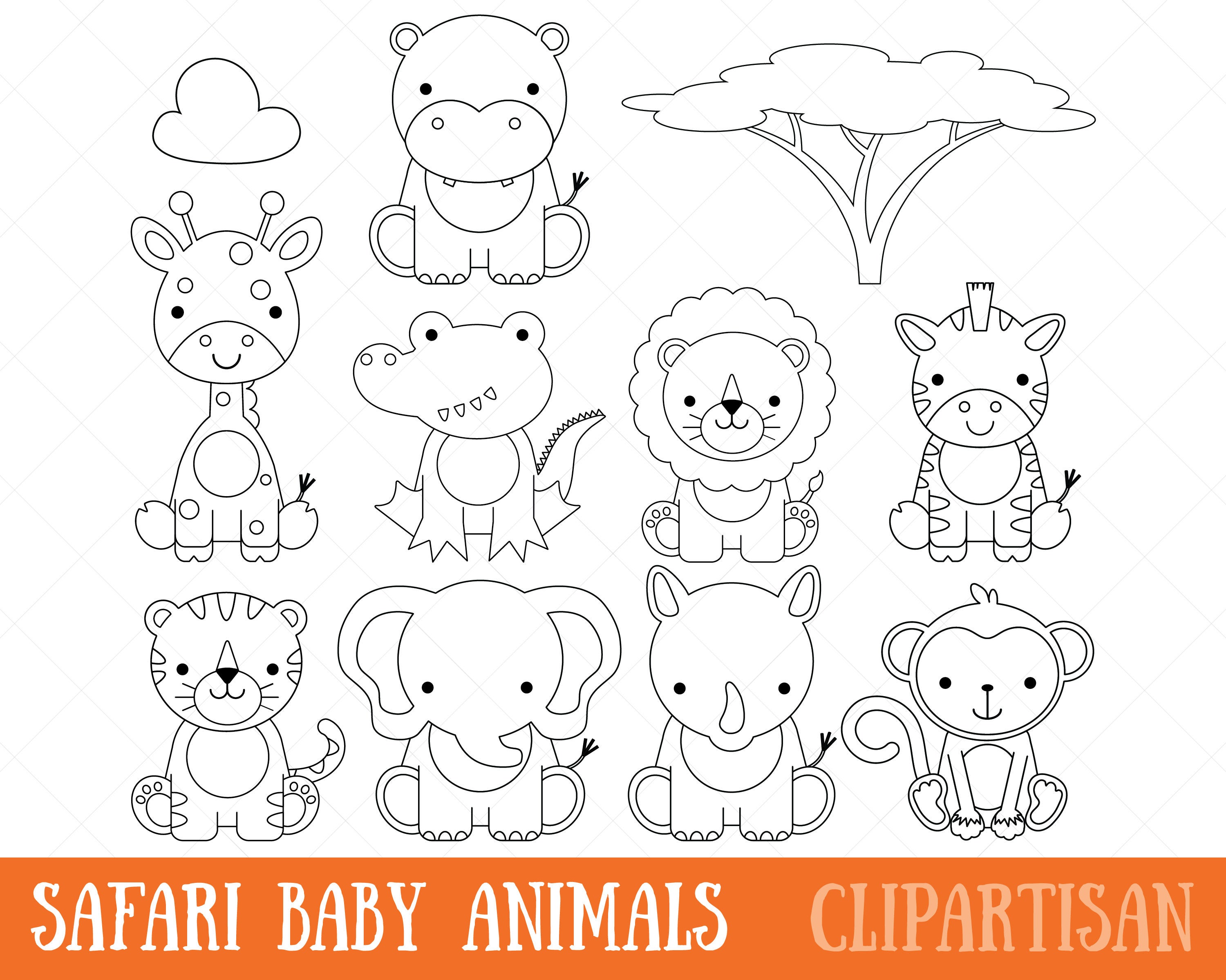 Safari Baby dieren Clipart / digitale stempels / kleurplaat