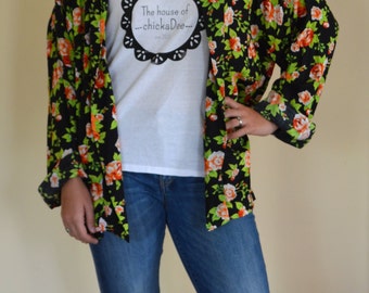 The Smoking Kimono jacket, vintage fabric, black and red floral print size M/L jacket. Made to order
