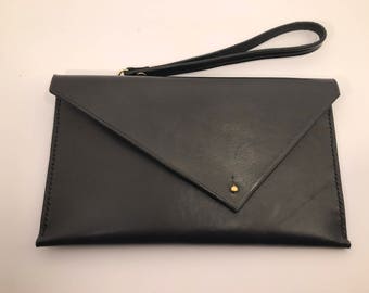 Hand made black Leather Envelope Clutch Bag, Hand Stitched Leather Clutch bag, Evening bag, gift for her, 3rd year anniversary gift