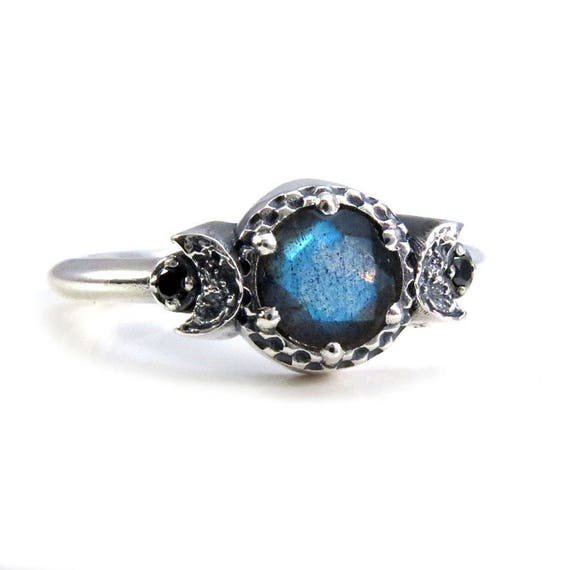 Labradorite and Black Diamond Triple Moon Goddess Ring - Sterling Silver Engagement