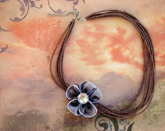 SALE - Brown and Lavender Flower 6-Strand Beaded Necklace with Removable Pin Brooch - Bella Mia Beads - READY to SHIP