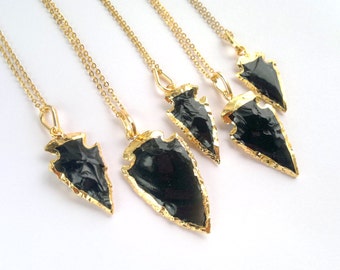 Black Obsidian Arrowhead Necklace Arrowhead Jewelry Gold Dipped Arrowhead Obsidian Tribal Necklace Tribal Jewelry Mineral Necklace Stone