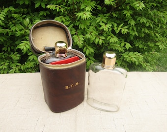 Vintage RTM dual flask with metal shot glass lids and zip up carrying case circa 1970's men's gift idea grooms gift